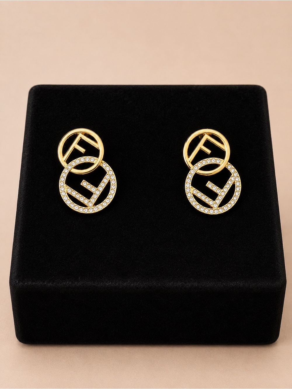Fendi Gold-Tone Double Circle Crystal Logo Drop Earrings
